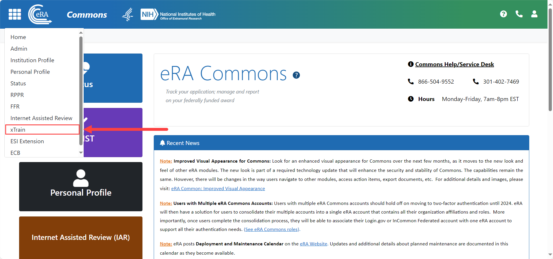 eRA Commons screen with xTrain highlighted on the Apps menu