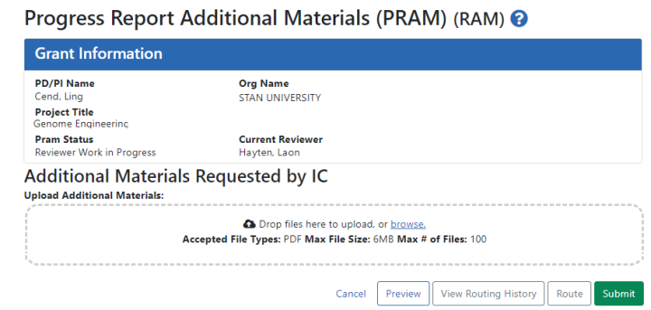 PRAM screen showing Upload button