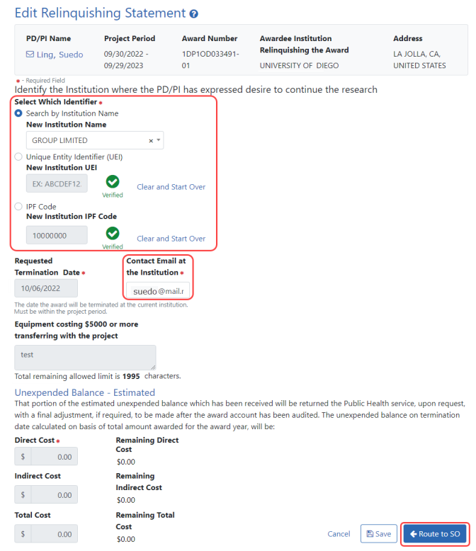 PI view of the relinquishing statement with Identifier and Contact Email outlined in red