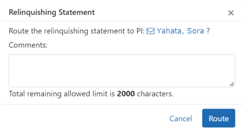 Comment popup for the SO to write comments about the relinquishing statement
