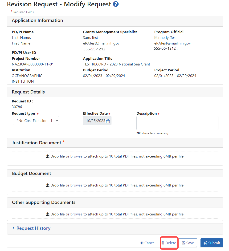 The Request - Modify Request screen, with Delete button outlined in red