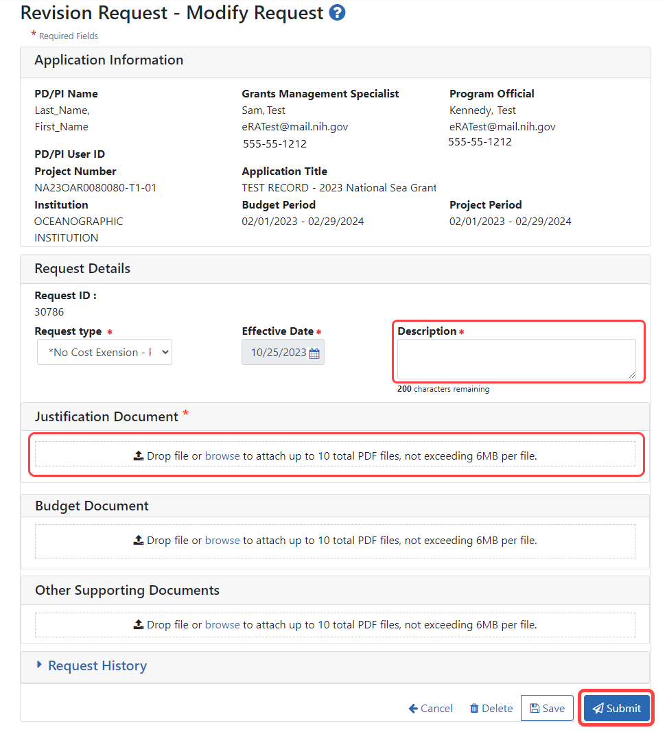 The Request - Modify Request screen, with required Description and Justification fields outlined in red