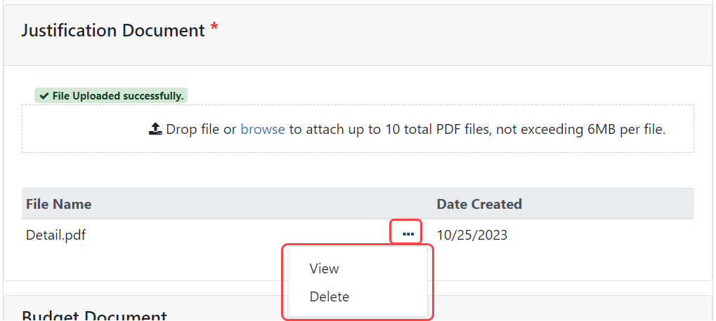 Justification Document section with View and Delete options and three-dot ellipsis menu outlined in red