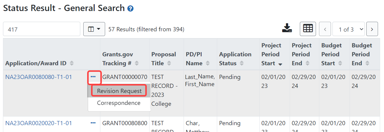 Revision Request option in Status search results under three-dot ellipsis menu