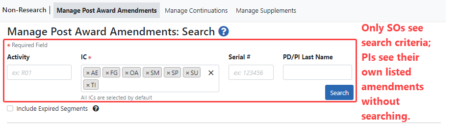 Search criteria that appears for signing officials on the Manage Post Award Amendments screen