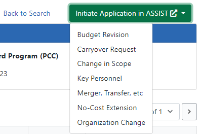 Initiate Application in ASSIST menu on the Manage Post Award Amendements:View screen