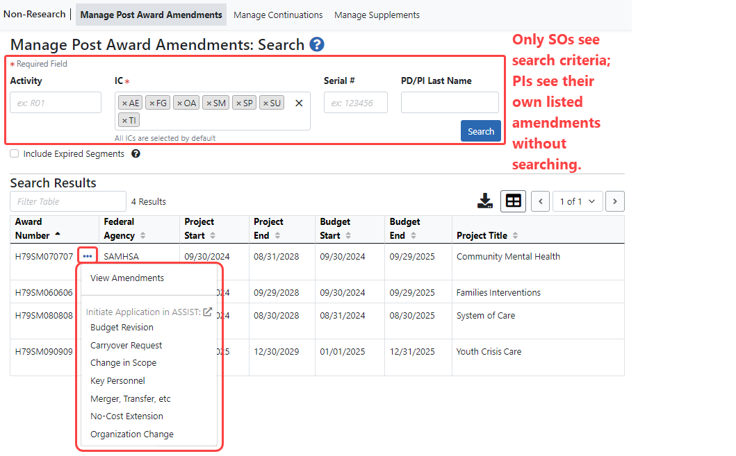 Amendments search screen showing three-dot action menu, including the View Amendments option