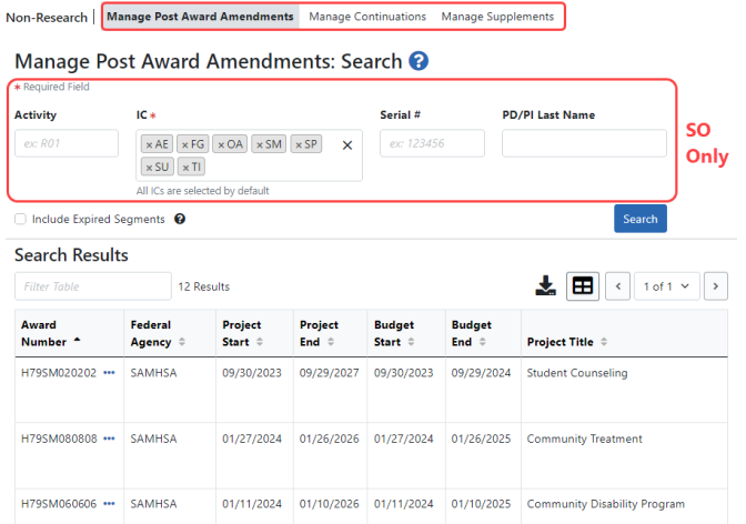 The Manage Post Awards Amendments: Search screen as seen by an SO 