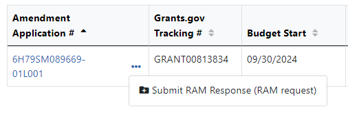 Three-dot ellipsis menu for a non research amendment, showing the Submit RAM Response option