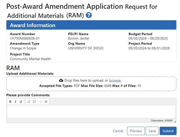 Post-Award Amendment Application Request for Additional Materials (RAM) screen