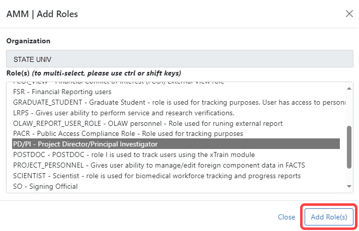 Role information is filled in; Add link is highlighted next to role info