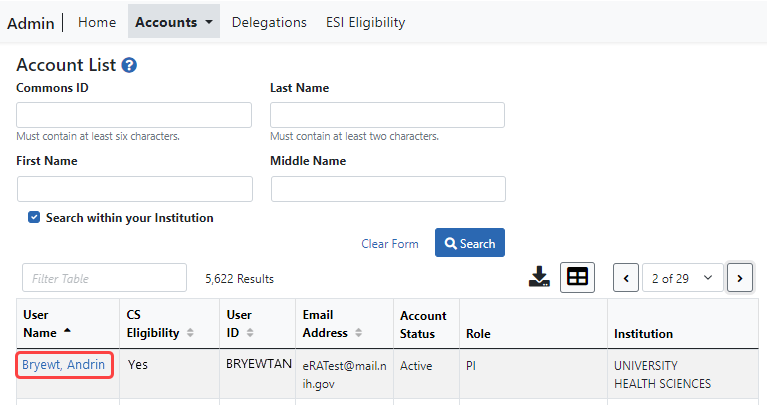 Account List Screen with a linked PI name outlined