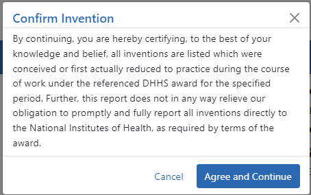 Confirm Invention popup screen attesting that all inventions are listed (NIH)