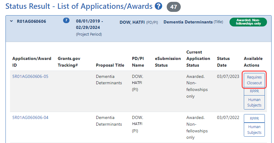 Status for PI search results showing the Requires Closeout action, outlined