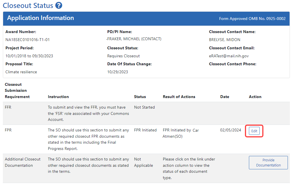 Closeout Status screen showing Edit button for FPR and Provide Documentation button for Additional Closeout Documentation