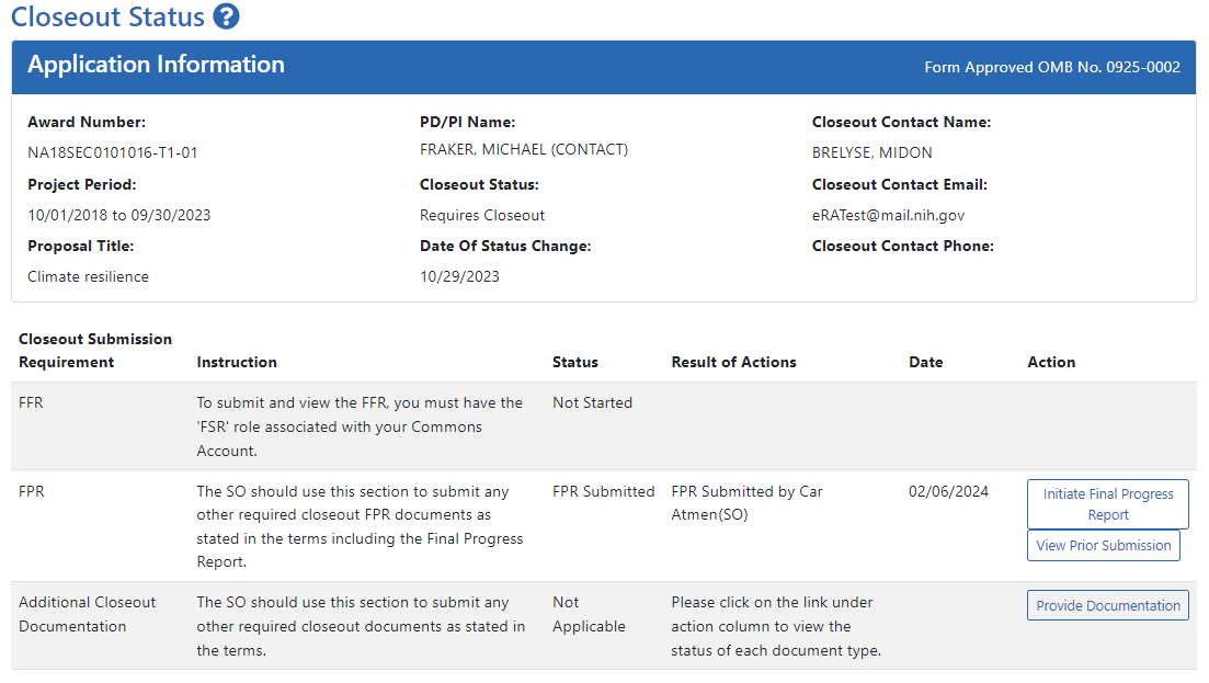 Closeout Status screen showing View Prior Submission button, which appears after a file has already been submitted to the awarding agency