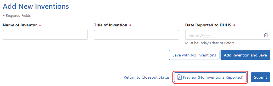 Final Inventions Statement with no inventions, showing Submit button outlined