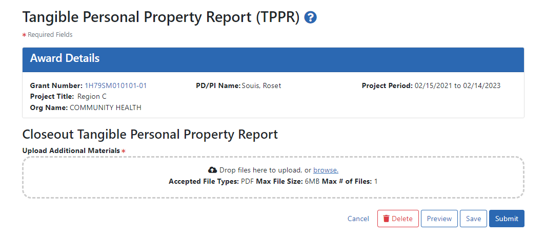 Tangible Personal Property Report screen, as seen by an SO