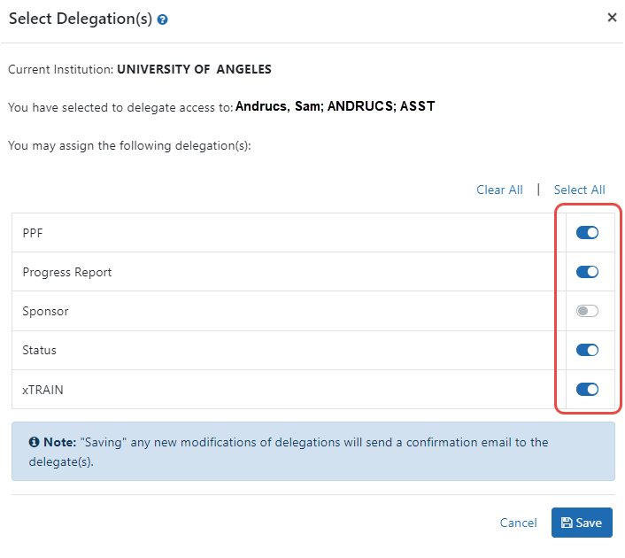 Turning off toggles removes the delegation