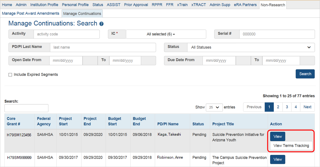 The View Terms Tracking link in the Action column of the Manage Continuation hitlist