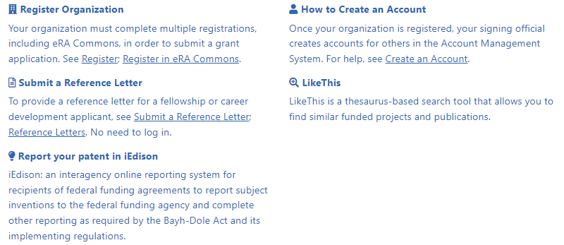 Important links include those relating to registering an organization, submitting reference letters, reporting patents, creating accounts, using a Commons Demo environment, and using the LikeThis search module