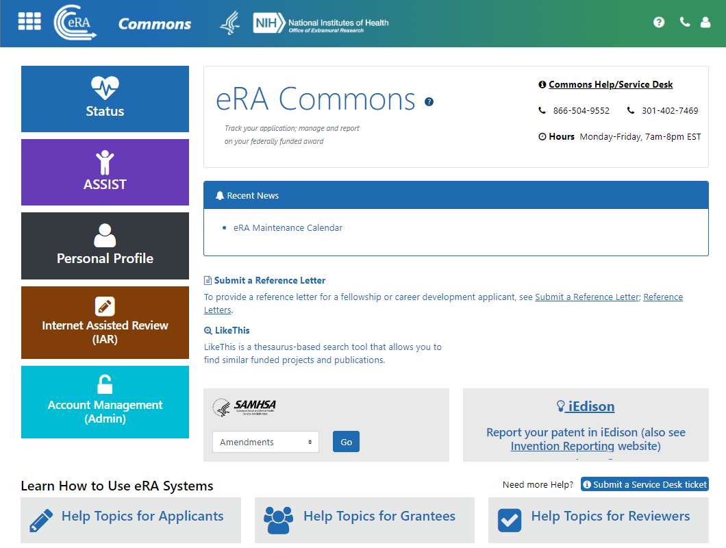 eRA Commons Landing Screen