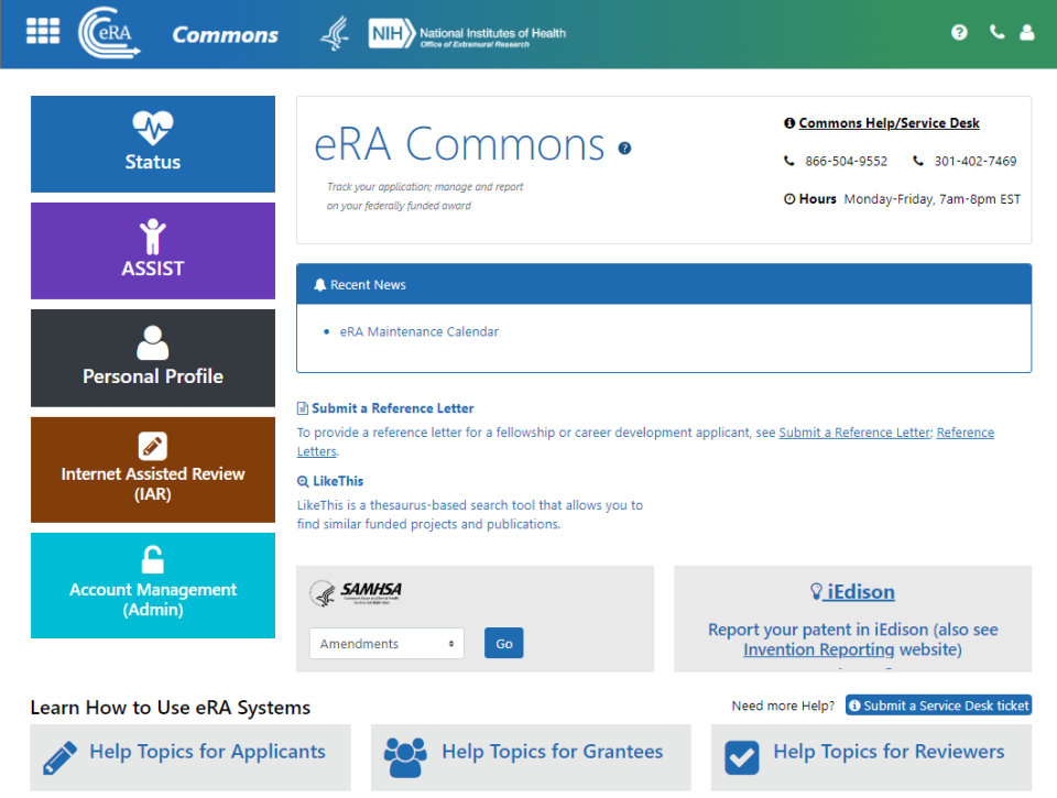 eRA Commons Landing screen, which appears after successful login