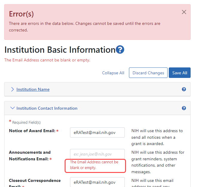 Errors appear at the top of the page and next to specific fields with errors, and the heading containing the error is red.