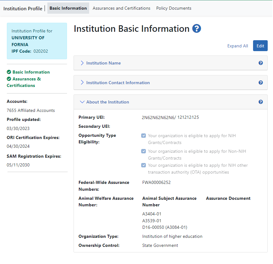 Portion of the the screen showing the About the Institution component of IPF in View mode