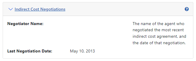 Partial screen image highlighting the Indirect Cost Negotiation component in View mode