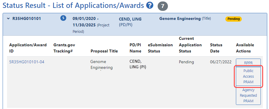 Principal investigator view of Status, showing Public Access PRAM button