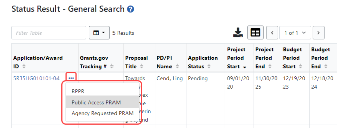 Signing official view of Status, showing Public Access PRAM option under three-dot ellipsis menu