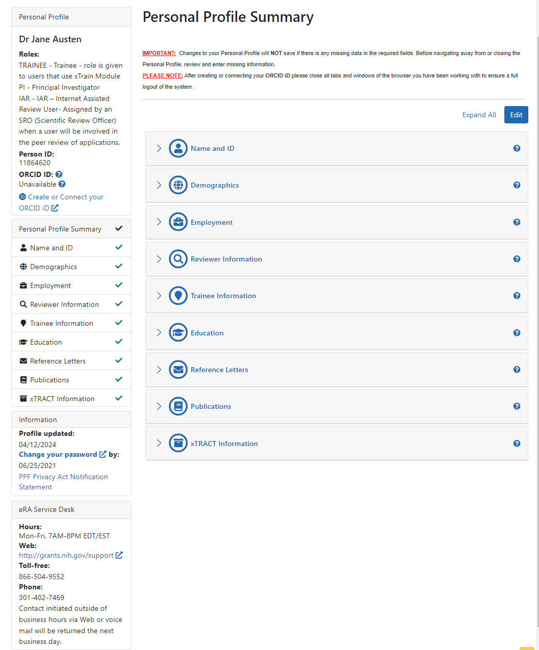 Sample PPF Summary Page with ORCID number