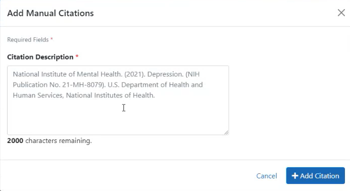 Department of Commerce Add Manual Citations popup