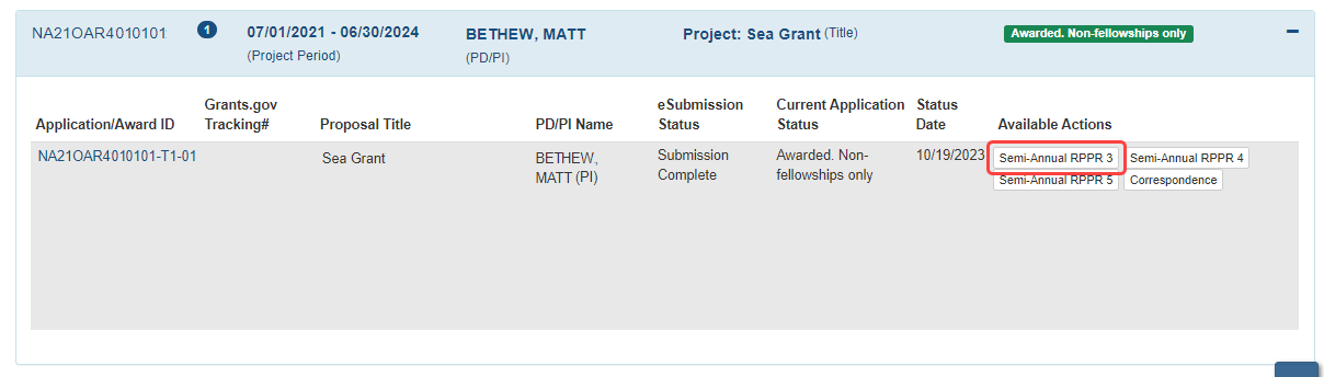 Section of PI Status results, showing the Semi-Annual RPPR action