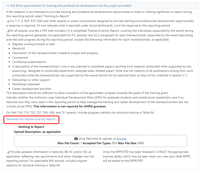 Generate the Trainee Diversity Report link