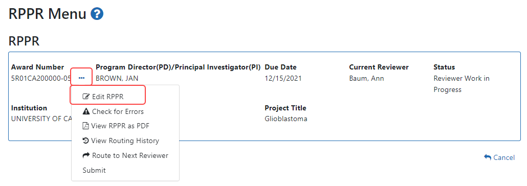 RPPR Menu screen after RPPR has been initiated, showing the three-dot ellipsis menu with the Edit RPPR action