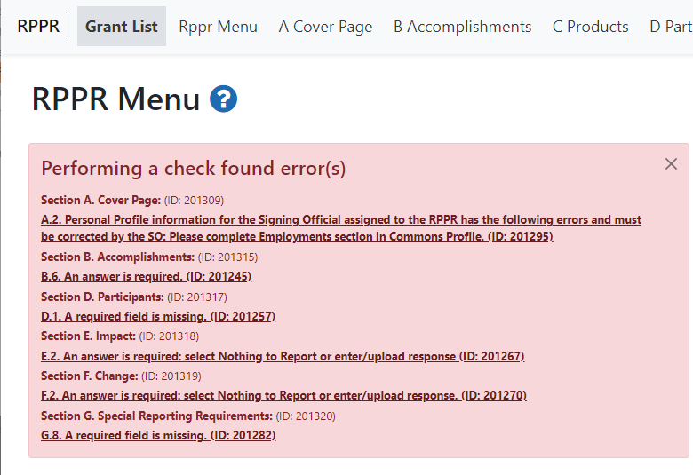 Sample of errors for a component