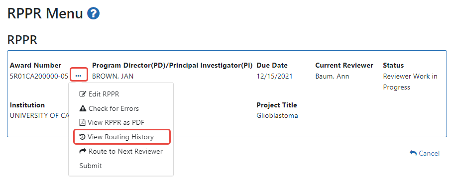 View Routing History option