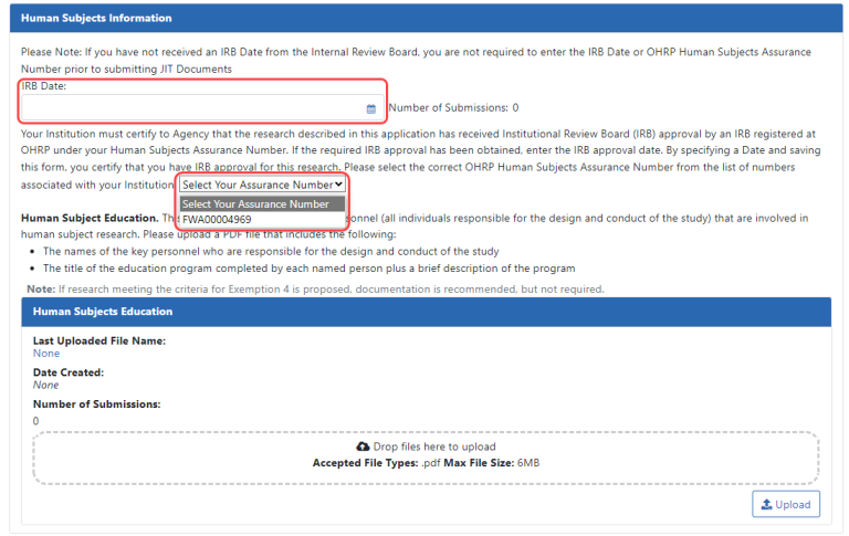 Human Subjects Information area of JIT with IRB Date and Assurance Number