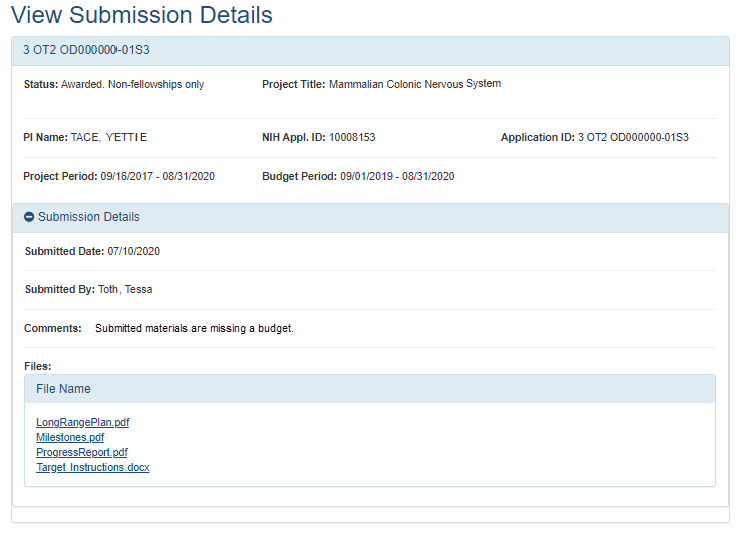 View Submission Details screen, accessible from the Status Information screen, where you can view comments from the agency on submitted materials