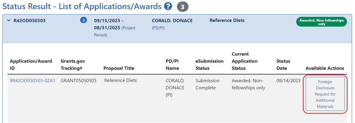 Foreign Disclosure Request for Additional Materials option in Status module from a principal investigator (PI) perspective