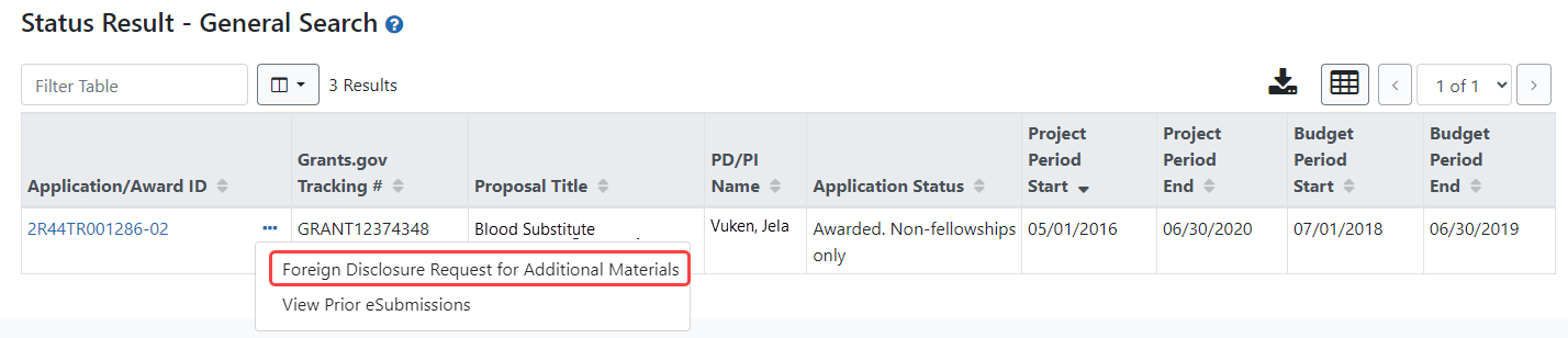 Foreign Disclosure Request for Additional Materials option in Status module from a signing official (SO) perspective