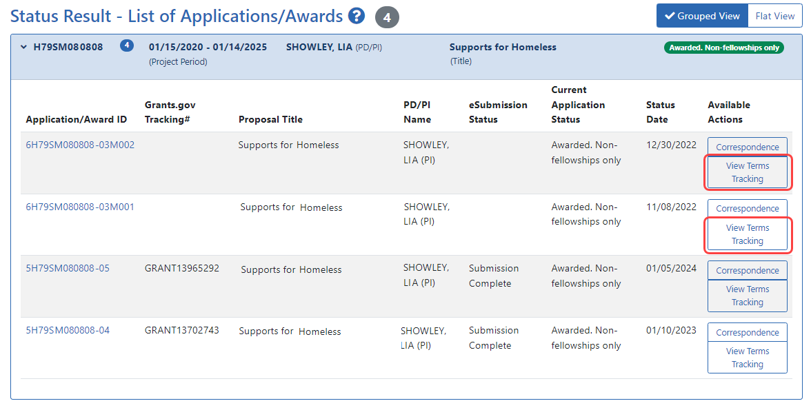 Grouped view of application list with the View Terms Tracking button indicated