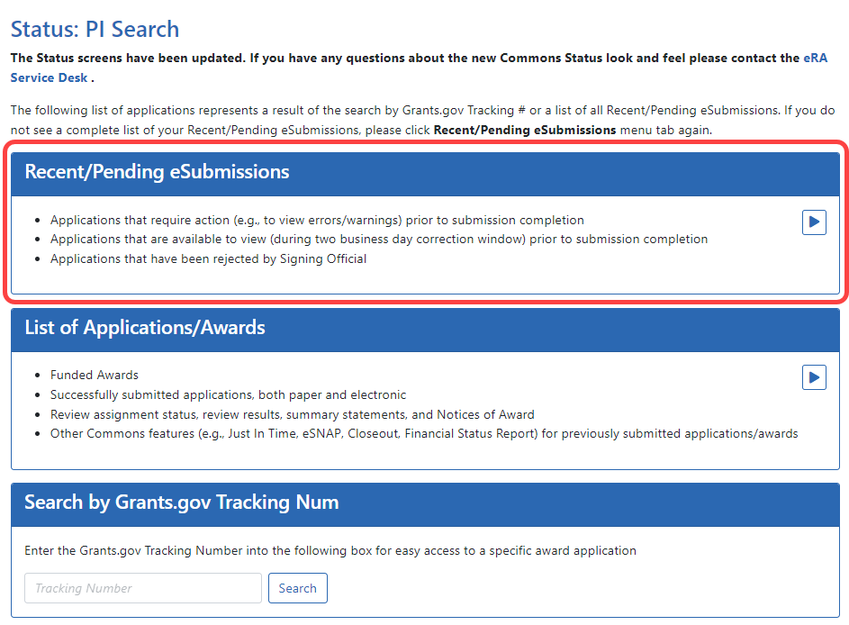 Recent/Pending eSubmissions Option in Status PI view