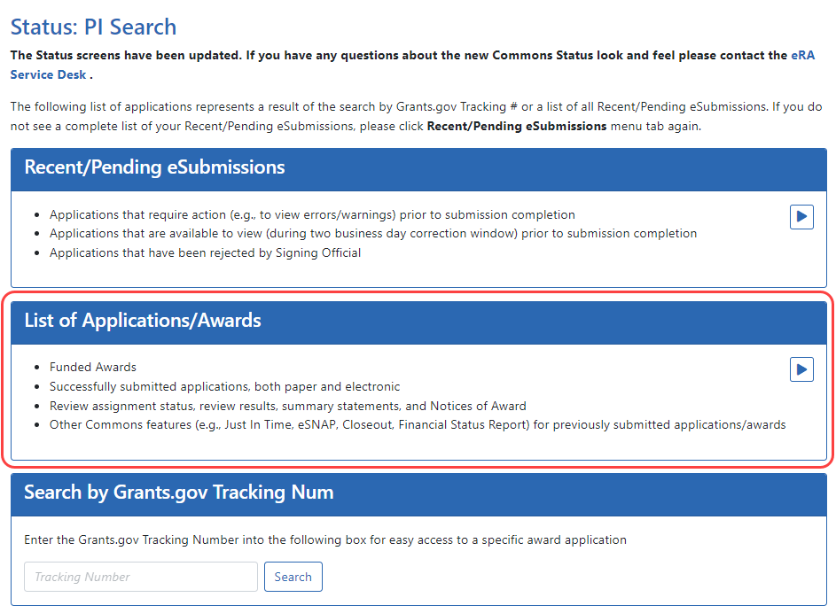 List of Applications/Awards in Status PI view