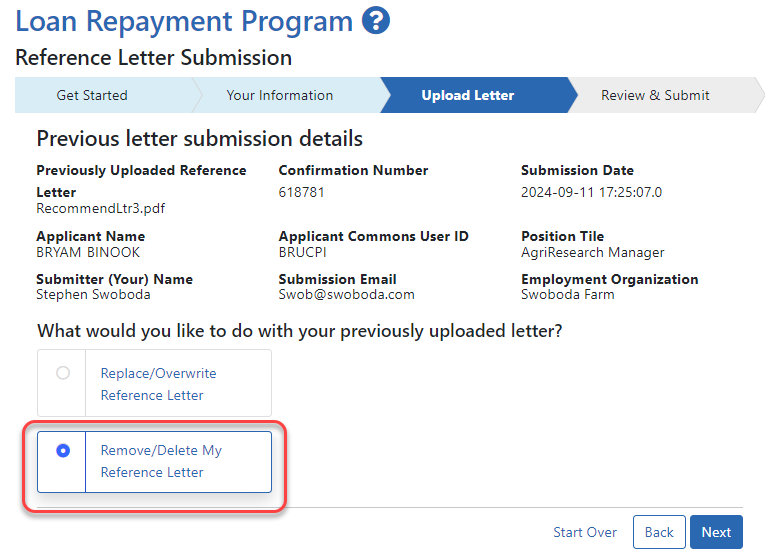 To remove a letter, select the Remove/Delete My Reference Letter option on the Upload Letter screen