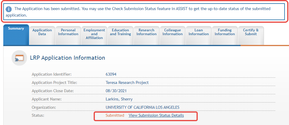 After submitting, a message appears on the Summary form.