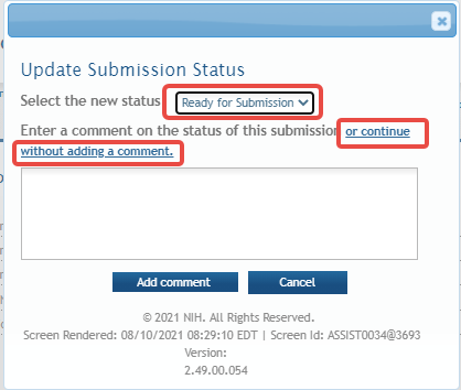 Update Submission Status popup, where you ready the application to be submitted.