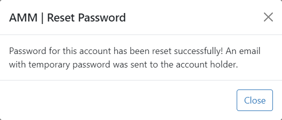 Reset Password confirmation screen
